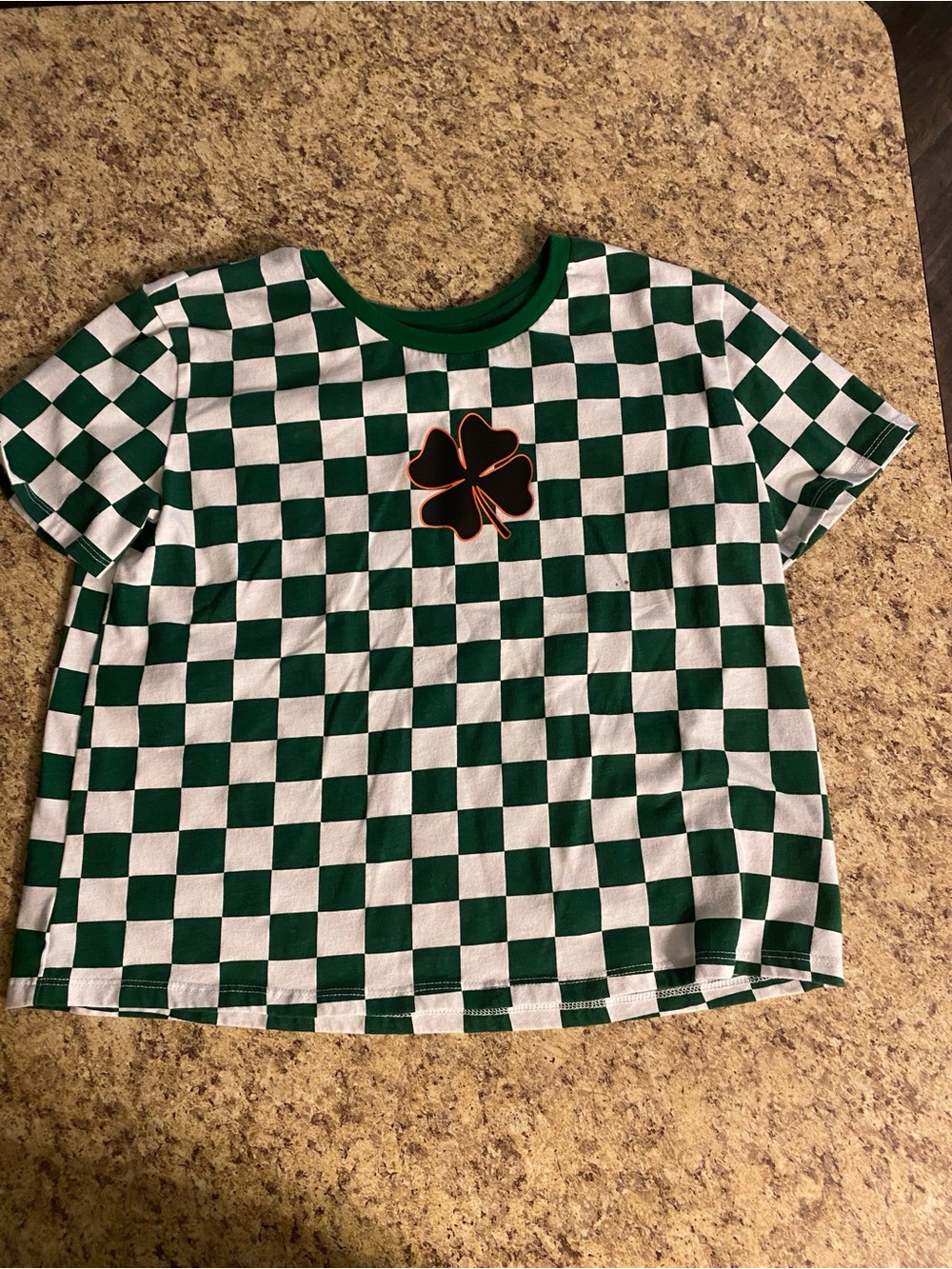 Green & White Checkerboard Short Sleeve Tee with Clover Motif